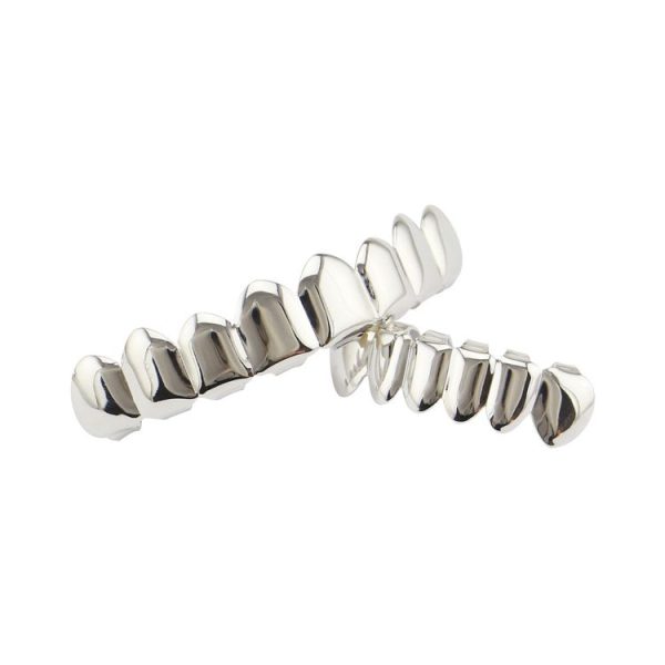 Hip Hop Accessories Gold Tooth Set Real Gold Plating Smooth Upper Eight Lower Six Denture Set (Silver) - Image 2