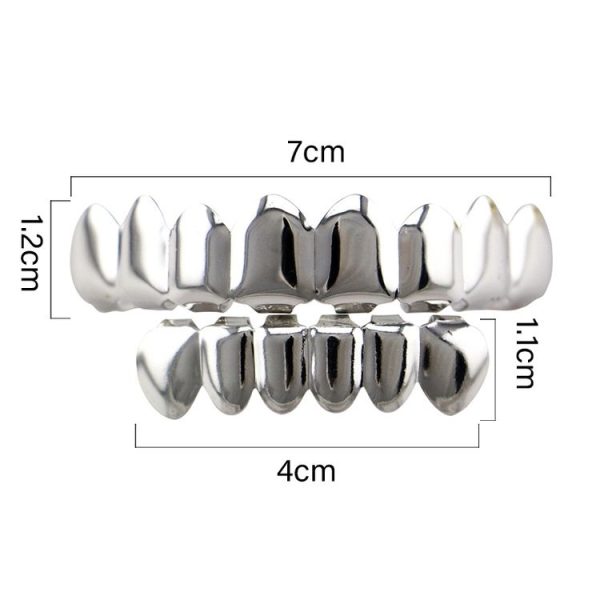 Hip Hop Accessories Gold Tooth Set Real Gold Plating Smooth Upper Eight Lower Six Denture Set (Silver) - Image 3
