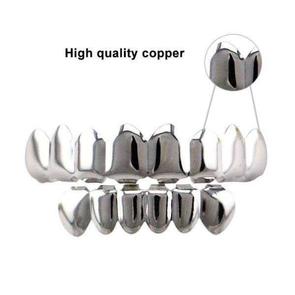 Hip Hop Accessories Gold Tooth Set Real Gold Plating Smooth Upper Eight Lower Six Denture Set (Silver) - Image 4