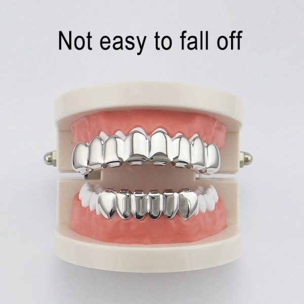 Hip Hop Accessories Gold Tooth Set Real Gold Plating Smooth Upper Eight Lower Six Denture Set (Silver) - Image 5