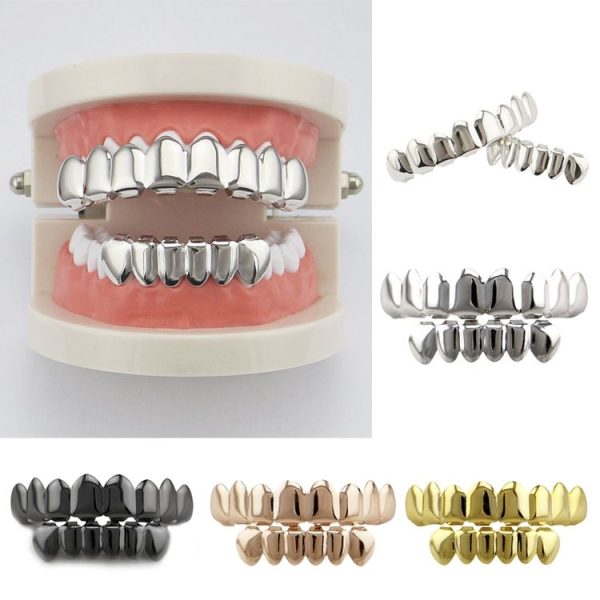 Hip Hop Accessories Gold Tooth Set Real Gold Plating Smooth Upper Eight Lower Six Denture Set (Silver) - Image 9
