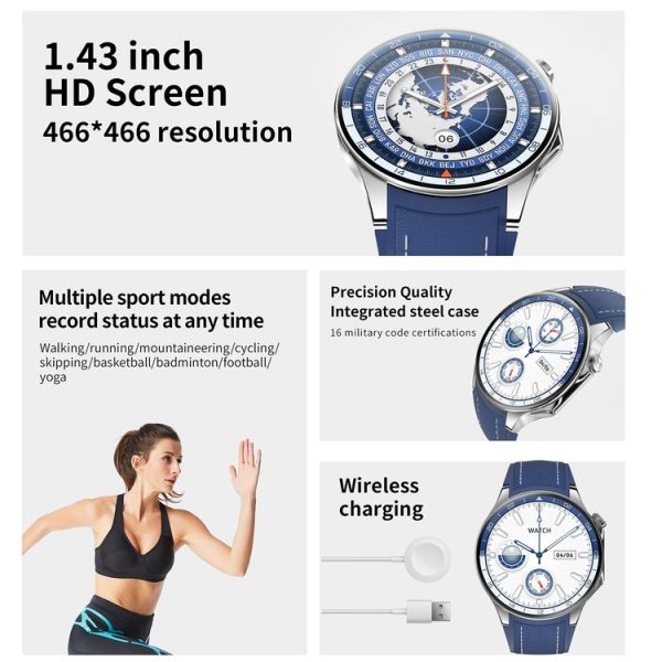 HD Watch X 1.43 inch IP68 BT5.3 Sport Smart Watch, Support Bluetooth Call / Sleep / Blood Oxygen / Heart Rate / Blood Pressure Health Monitor (Black Steel + Black Silicone Strap) - Image 7