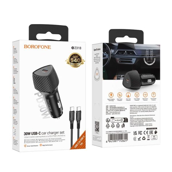 BOROFONE BZ31B Solid Single PD30W Car Charger Set with Type-C to Type-C Cable (Black) - Image 7