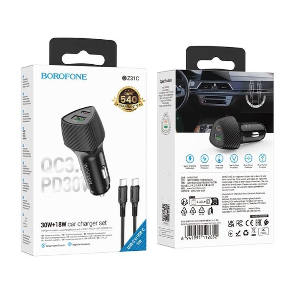 BOROFONE BZ31C Solid PD30W + QC3.0 Car Charger Set with Type-C to Type-C Cable (Black) - Image 7