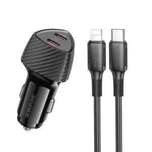 BOROFONE BZ31D Solid PD60W Dual Type-C Car Charger Set with Type-C to 8 Pin Cable (Black)