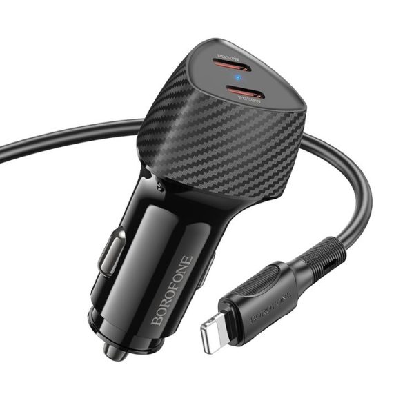BOROFONE BZ31D Solid PD60W Dual Type-C Car Charger Set with Type-C to 8 Pin Cable (Black) - Image 2