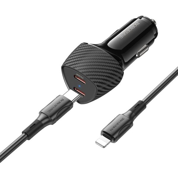 BOROFONE BZ31D Solid PD60W Dual Type-C Car Charger Set with Type-C to 8 Pin Cable (Black) - Image 3