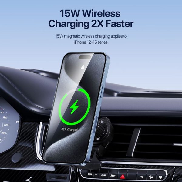V5 15W Qi2 Air Outlet Car Transparent Magnetic Wireless Charging Holder (Black) - Image 2