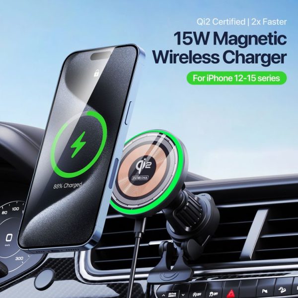 V5 15W Qi2 Air Outlet Car Transparent Magnetic Wireless Charging Holder (Black) - Image 3