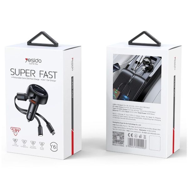 Yesido Y61 53W Type-C + 8 Pin Retractable Cable 3 in 1 Car Charger (Black) - Image 8