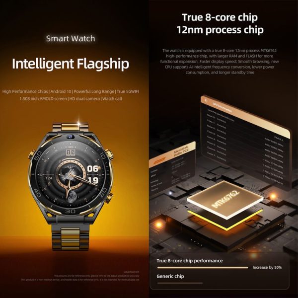 T7 1.508 inch 4G LTE Android 10 Smart Watch, 6GB+128GB, MTK6762 Octa Core, Support Heart Rate / Blood Oxygen (Gold) - Image 4