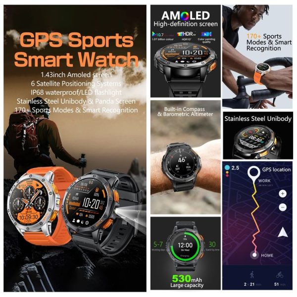 LEMFO K67 1.43 inch AMOLED Screen GPS Sports Smart Watch, Support Bluetooth Call / Health Monitoring (Black) - Image 3
