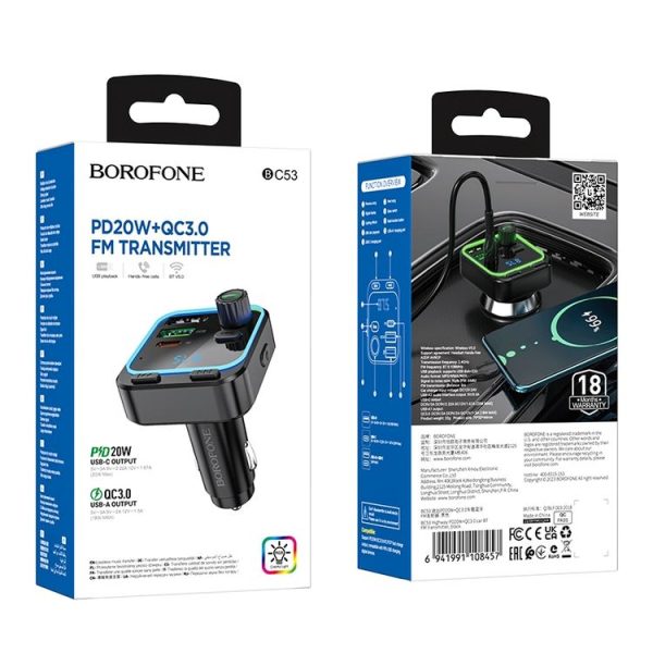Borofone BC53 Highway PD20W & QC3.0 Car Bluetooth FM Transmitter (Black) - Image 6