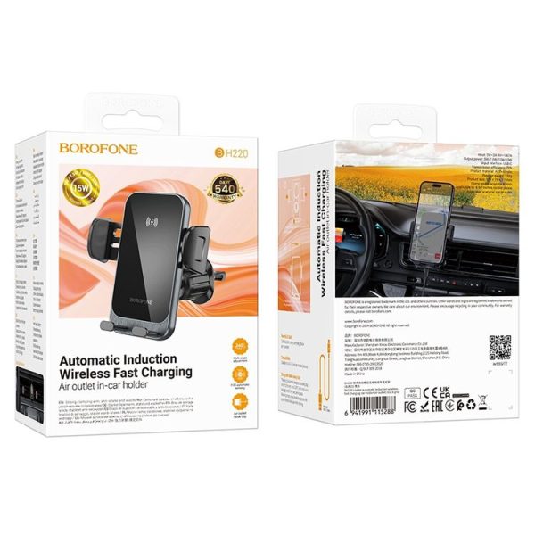 Borofone H220 Leader Car Air Outlet Automatic Induction Wireless Fast Charging Phone Holder (Black Grey) - Image 6