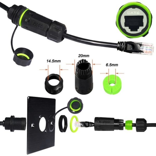 25cm RJ45 8P8C Male to Female IP68 CAT6 Ethernet Connector (Black) - Image 3