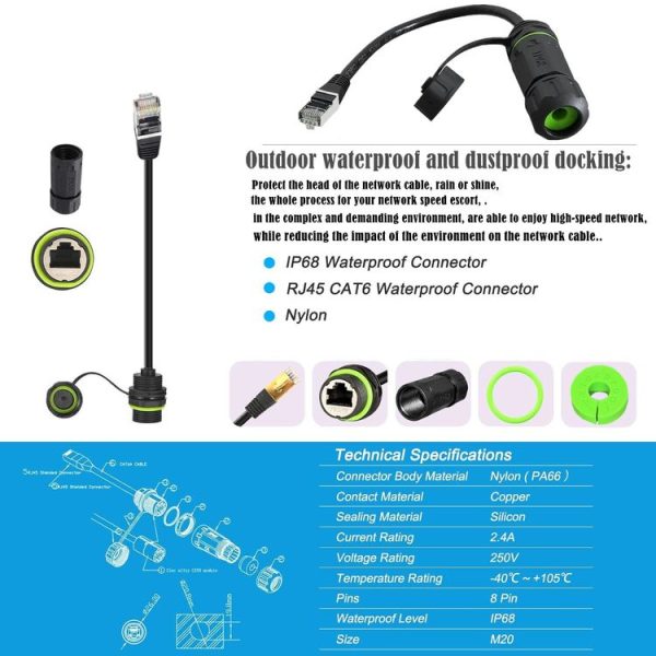 25cm RJ45 8P8C Male to Female IP68 CAT6 Ethernet Connector (Black) - Image 8