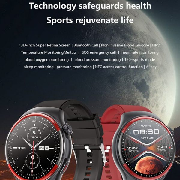 T82 1.43 inch Round Screen BT Call Smart Watch, Heart Rate / Blood Pressure / Blood Oxygen / Sleep / Blood Sugar / HRV / Metope / SOS, Strap: Silicone Black - Image 4