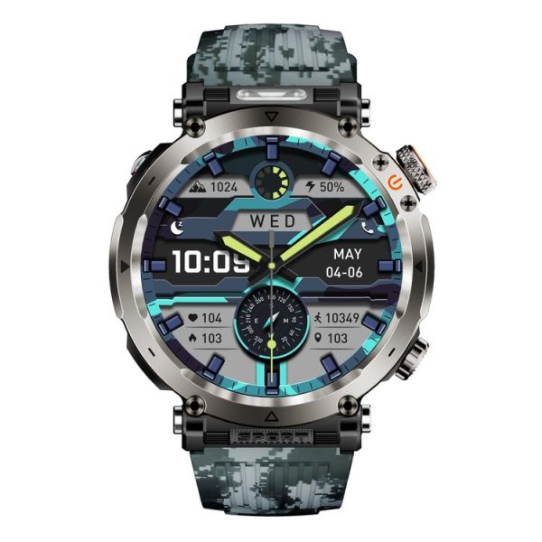 HT30 1.7 inch IP68 Waterproof Camouflage Silicone Band Smart Watch, Support Flashlight / Banknote Detector Light / Compass (Blue) - Image 2