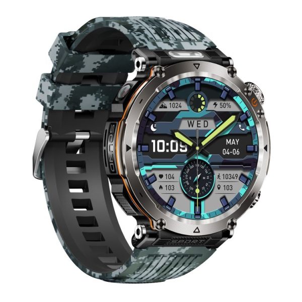 HT30 1.7 inch IP68 Waterproof Camouflage Silicone Band Smart Watch, Support Flashlight / Banknote Detector Light / Compass (Blue) - Image 3