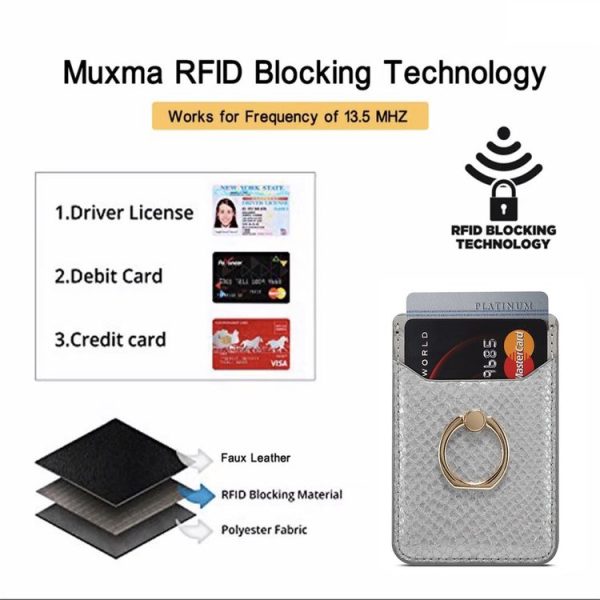 MUXMA Snake Texture RFID Mobile Phone Back Stick Card Bag with Ring (Grey) - Image 3