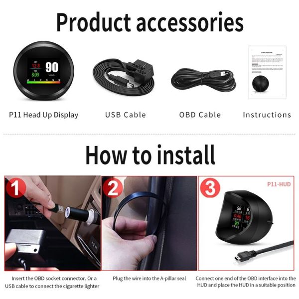 P11 OBD2 + GPS Mode Car HUD Head-up Display Water Temperature / Vehicle Speed / Voltage / Fuel Consumption Display, Speed Alarm - Image 10