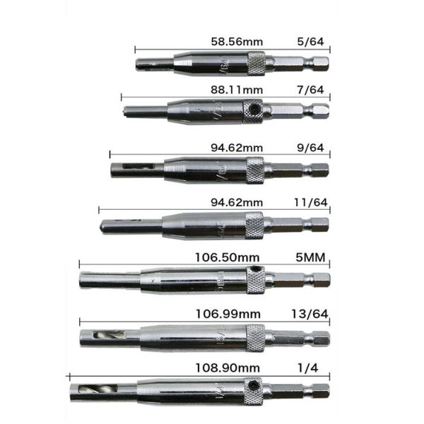 7 PCS / Set Doors Self Centering Hinge Tapper Core Drill Bit Set Hole Puncher Woodworking Tools (5 / 64, 7 / 64, 9 / 64, 11 / 64, 13 / 64, 1 / 4 inch, 5mm) - Image 4