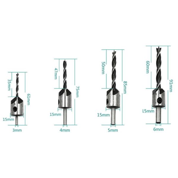 4 in 1 Woodworking Countersink Chamfer Three-Pointed High-Speed Steel Drill Bits Set, 3-6mm - Image 2