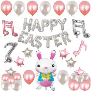 Happy Easter Rabbit Pattern Easter Holiday Alphabetic Ornament Balloons (Silver)