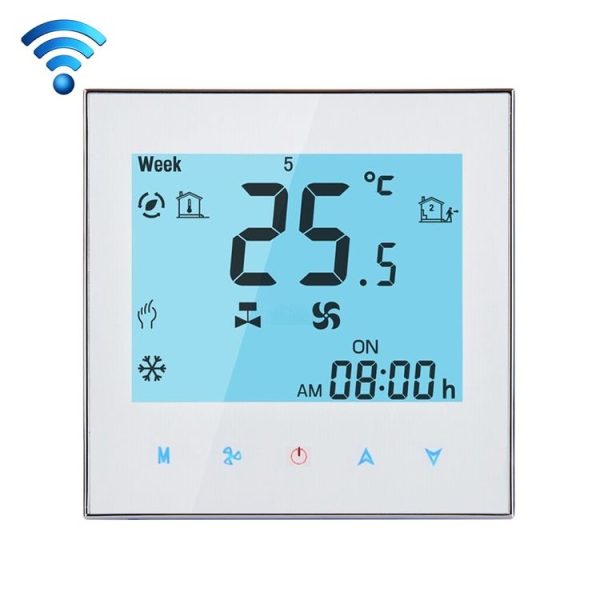 LCD Display Air Conditioning 2-Pipe Programmable Room Thermostat for Fan Coil Unit, Supports Wifi (White)