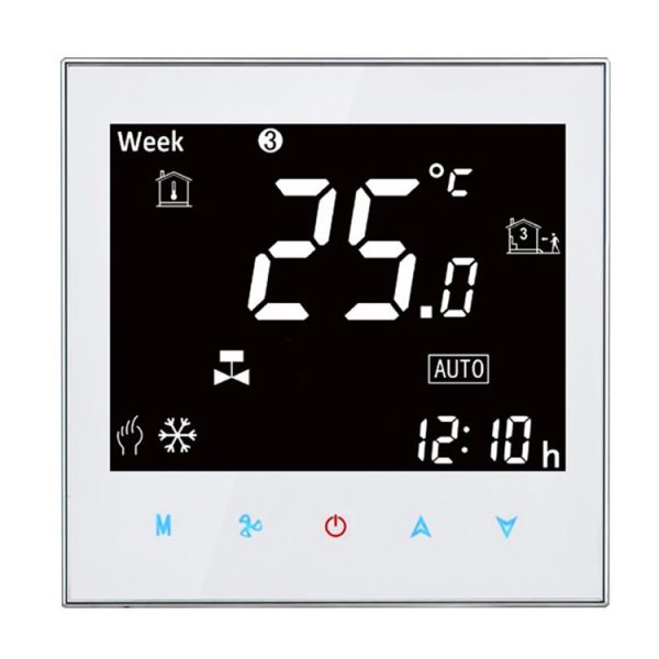 BAC-2000 Central Air Conditioning Type Touch LCD Digital 2-pipe Fan Coil Unit Room Thermostat, Display Fan Speed / Clock / Temperature / Time / Week / Heat etc. (White)