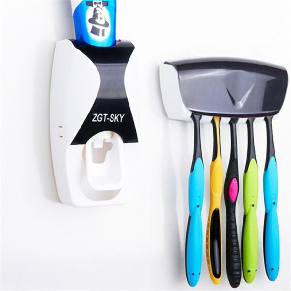 Automatic Toothpaste Dispenser Set with 5 Toothbrush Holder (Black)