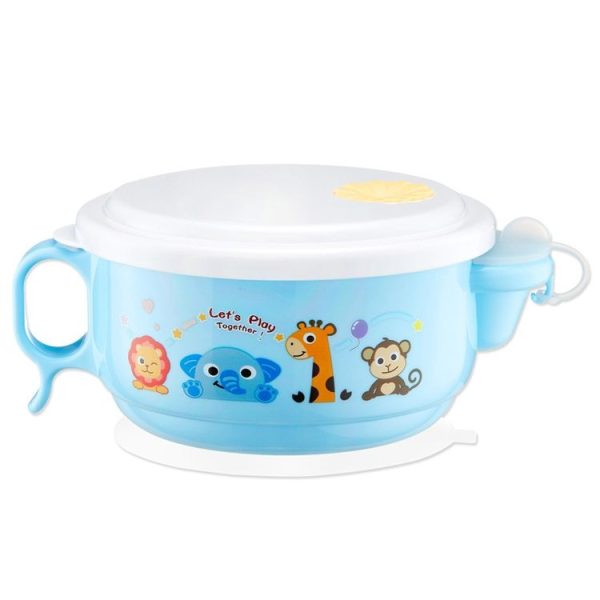 450ml Stainless Steel Interior And Plastic Exterior Double Layer Cartoon Style Bowl With Cover And Handles For Child At Age 2 To 9 (Blue)