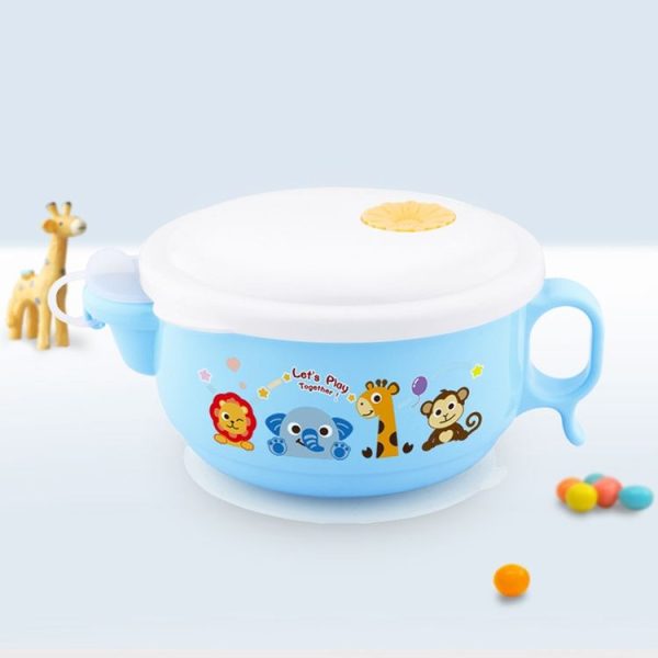 450ml Stainless Steel Interior And Plastic Exterior Double Layer Cartoon Style Bowl With Cover And Handles For Child At Age 2 To 9 (Blue) - Image 2