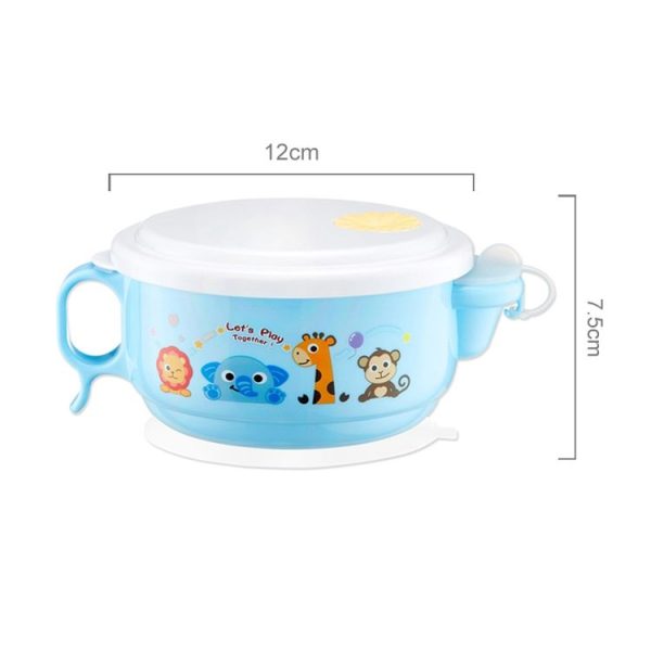 450ml Stainless Steel Interior And Plastic Exterior Double Layer Cartoon Style Bowl With Cover And Handles For Child At Age 2 To 9 (Blue) - Image 3