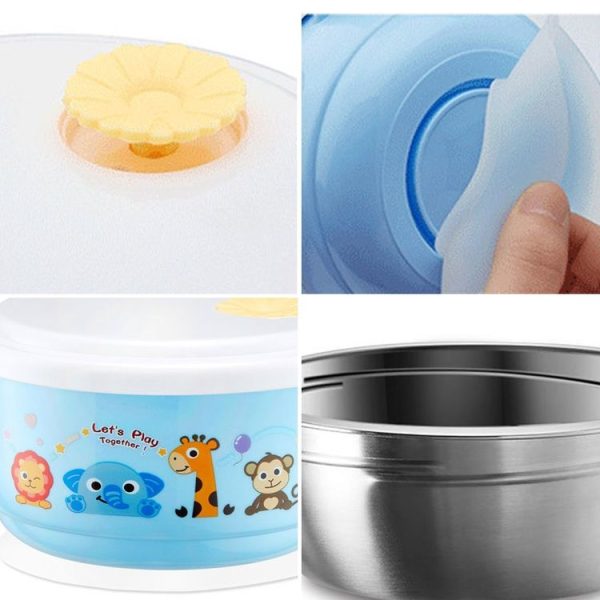 450ml Stainless Steel Interior And Plastic Exterior Double Layer Cartoon Style Bowl With Cover And Handles For Child At Age 2 To 9 (Blue) - Image 4