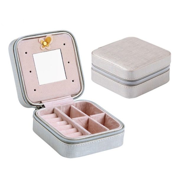 Macaron Small Jewelry Box Rings and Earrings Mirrored Travel Storage Case (Grey) - Image 2