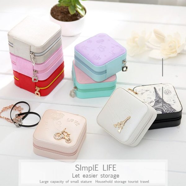Macaron Small Jewelry Box Rings and Earrings Mirrored Travel Storage Case (Grey) - Image 4