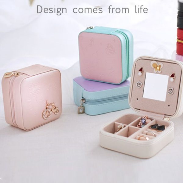 Macaron Small Jewelry Box Rings and Earrings Mirrored Travel Storage Case (Grey) - Image 6