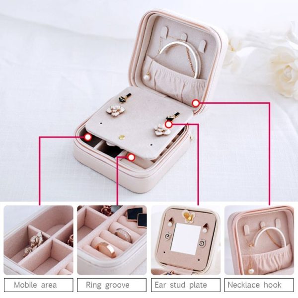 Macaron Small Jewelry Box Rings and Earrings Mirrored Travel Storage Case (Grey) - Image 7