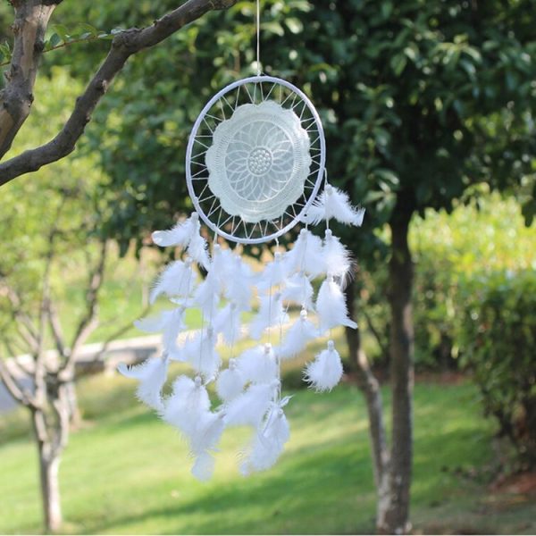 Creative White Lace Flower Dream Catcher Wind Chimes Feather Pendant for Home Wall Decorations Ornament, Random Style Delivery - Image 3