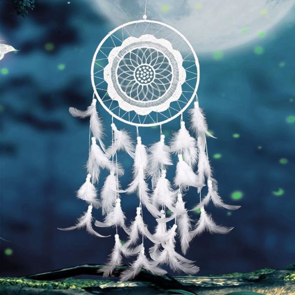 Creative White Lace Flower Dream Catcher Wind Chimes Feather Pendant for Home Wall Decorations Ornament, Random Style Delivery - Image 7