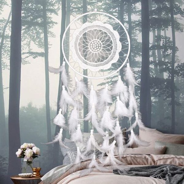 Creative White Lace Flower Dream Catcher Wind Chimes Feather Pendant for Home Wall Decorations Ornament, Random Style Delivery - Image 8