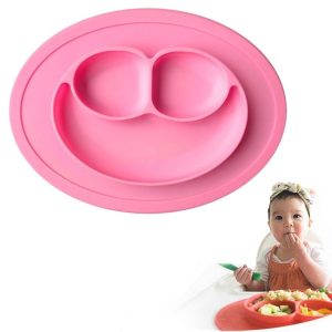 Smile Style One-piece Round Silicone Suction Placemat for Children, Built-in Plate and Bowl (Pink)