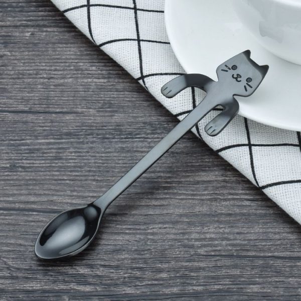 Creative 304 Stainless Steel Cartoon Cat Handle Coffee Stirring Spoons, 11.8*1.8cm (Black)