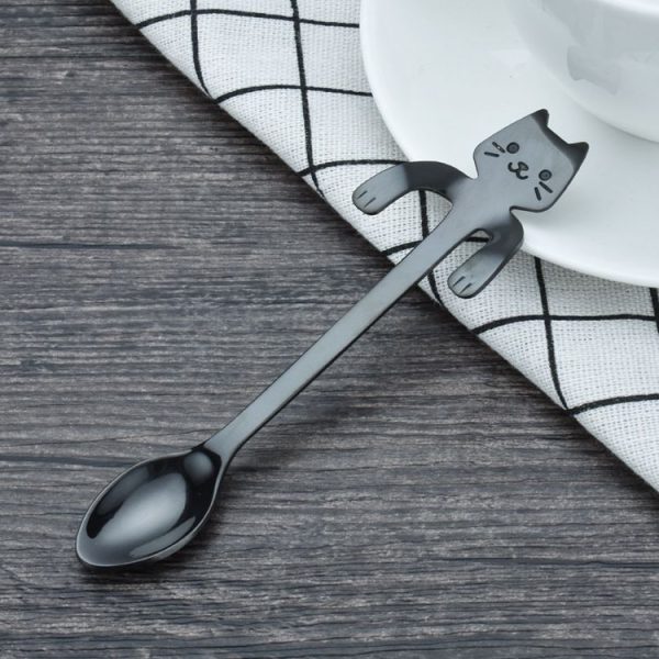 Creative 304 Stainless Steel Cartoon Cat Handle Coffee Stirring Spoons, 11.8*1.8cm (Black) - Image 2