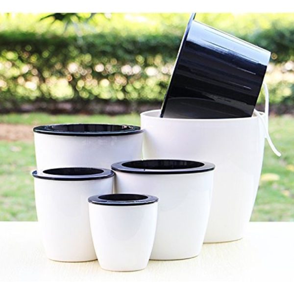 Lazy Flower Pots Automatic Water-absorbing Hydroponic Potted Plants Circular Resin Plastic Flower Pots Double-layer Design Self Watering Planter, Diameter: 11cm, Height: 10.3cm (White) - Image 10