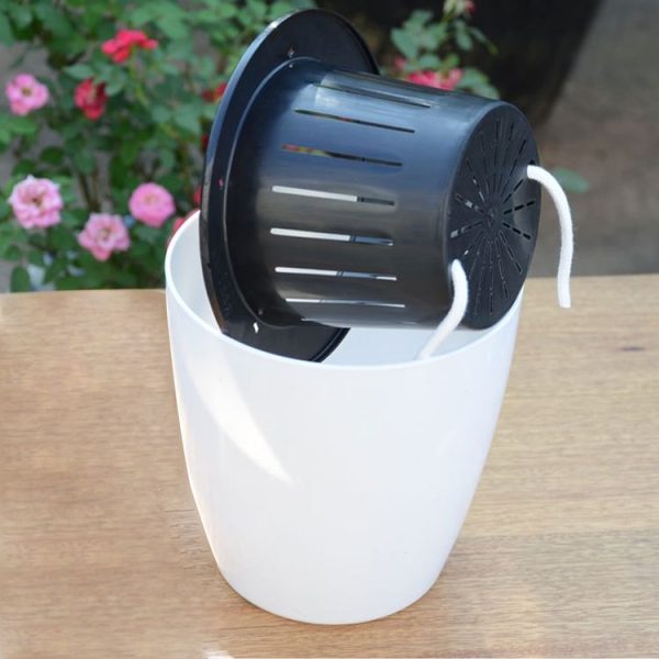 Lazy Flower Pots Automatic Water-absorbing Hydroponic Potted Plants Circular Resin Plastic Flower Pots Double-layer Design Self Watering Planter, Diameter: 11cm, Height: 10.3cm (White) - Image 3