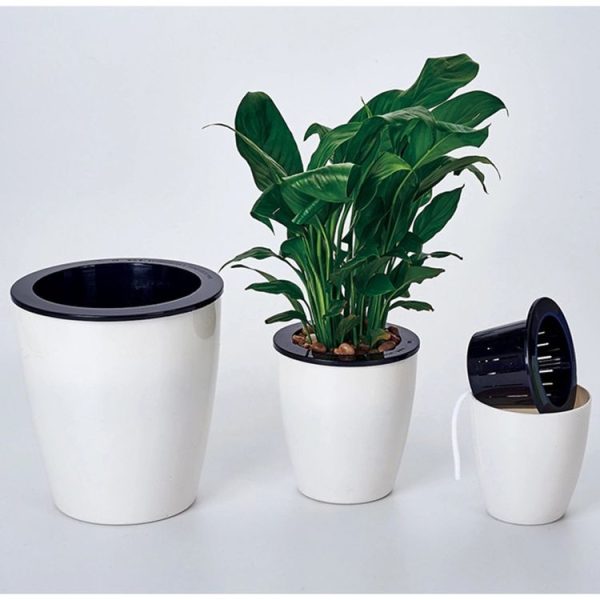 Lazy Flower Pots Automatic Water-absorbing Hydroponic Potted Plants Circular Resin Plastic Flower Pots Double-layer Design Self Watering Planter, Diameter: 12cm, Height: 12.2cm (White) - Image 9