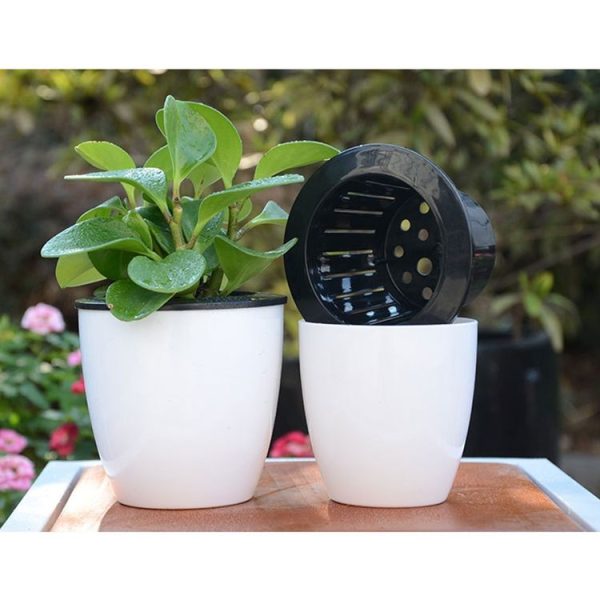 Lazy Flower Pots Automatic Water-absorbing Hydroponic Potted Plants Circular Resin Plastic Flower Pots Double-layer Design Self Watering Planter, Diameter: 13cm, Height: 13.7cm (White) - Image 7