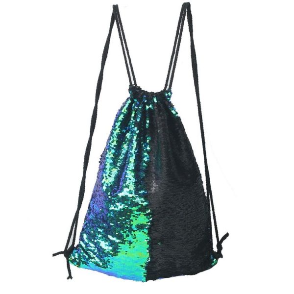 Mermaid Glittering Sequin Drawstring Sports Backpack Shoulder Bag (Bright Black)